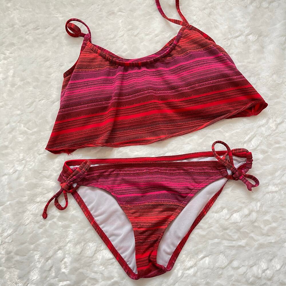 Hurley Bikini Two Piece Striped Tie Hip Flutter Top Summer Bathing Suit Medium